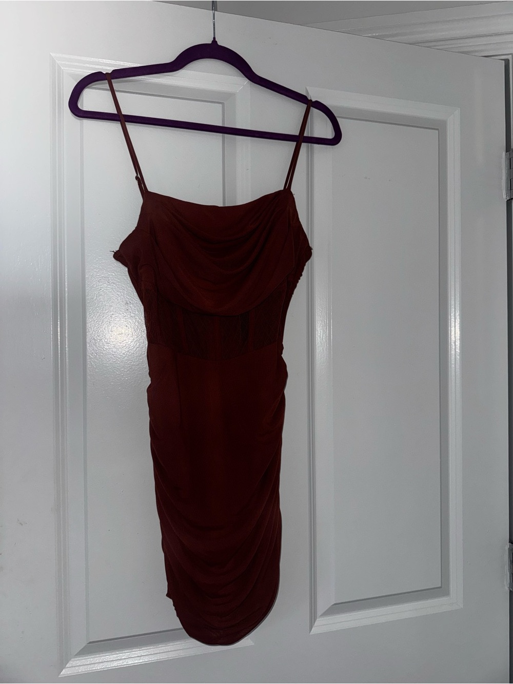 privy Burgundy Cowl-Neck Spaghetti Strap Mini Dress small